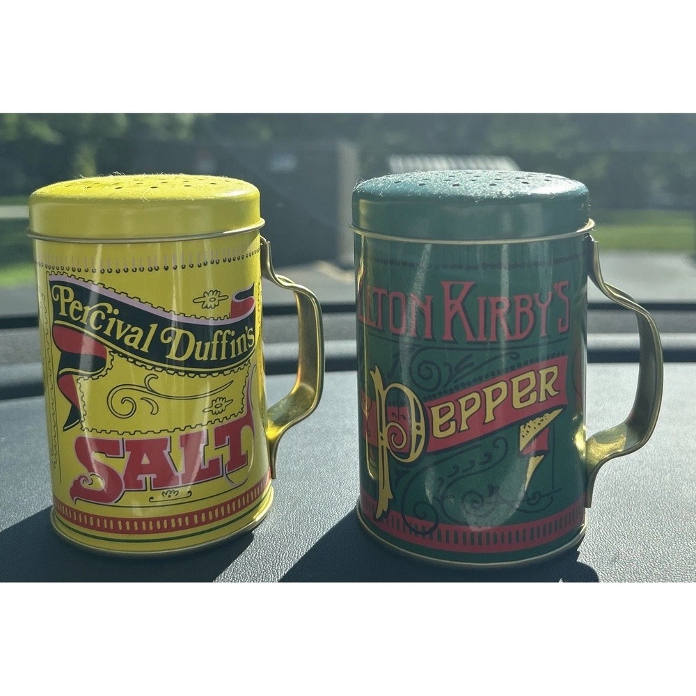 Norpro Salt & Pepper shakers metal with handle tin plated steel retro